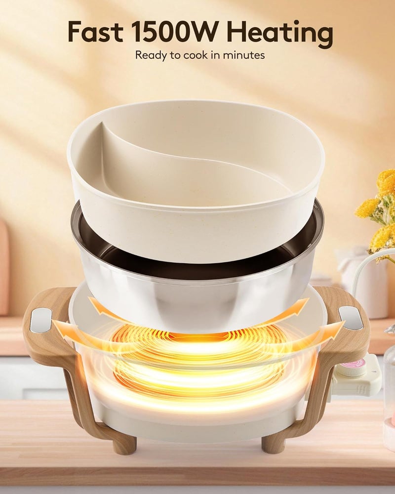 FGJ Hot Pot Electric Hot Pot with Divider, Large 6L Nonstick Dual-Sided Shabu Shabu Pot Dual-Flavor hotpot electric 1500W with Adjustable 5-Temperature Control ，Perfect for Family Dinners & Parties - Image 3